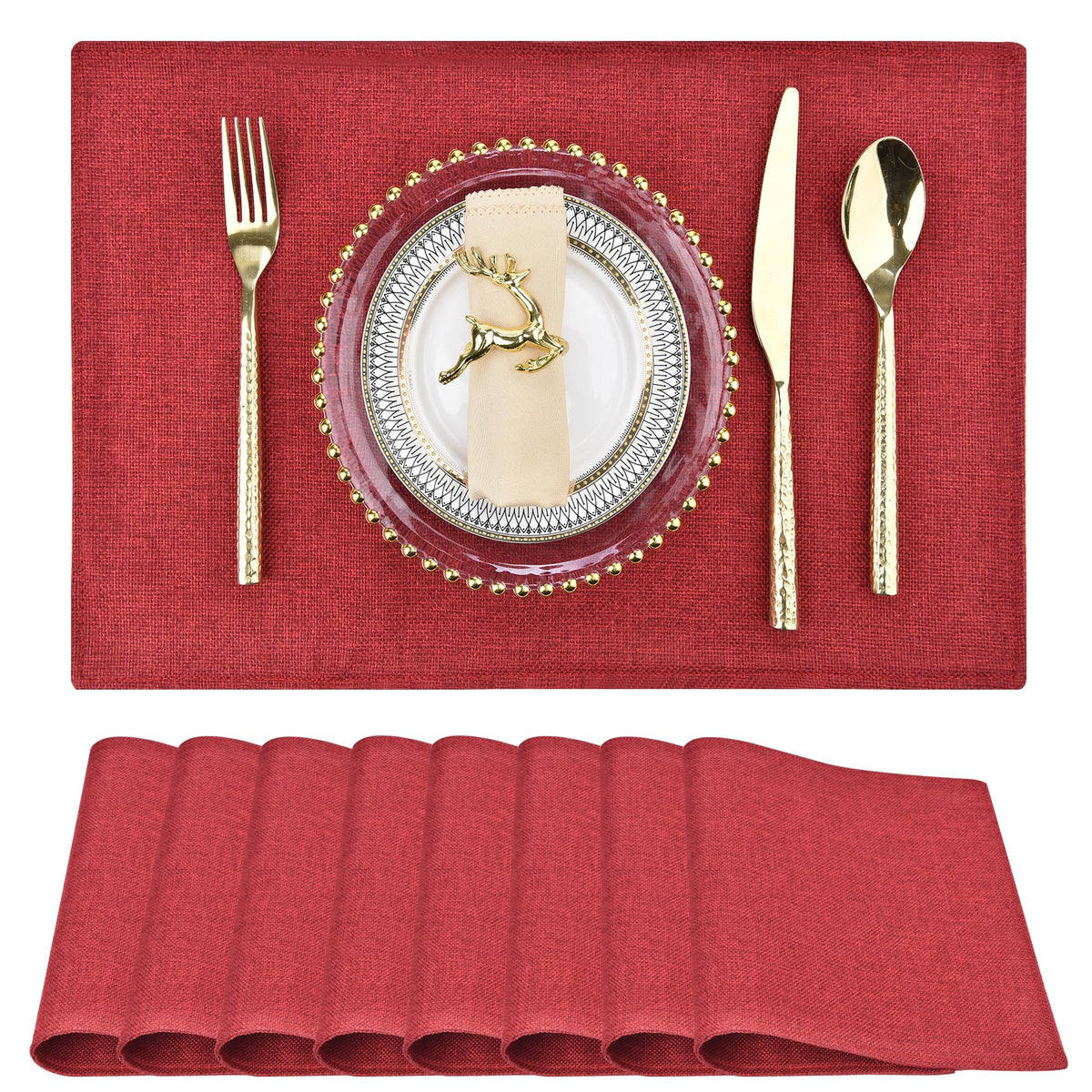 SLKQG Beige Faux Cotton Linen Placemats Set of 6, Heat Resistant Washable Double Layer Cloth Place Mats for Dining Table, Wrinkle Resistant Linen Textured Farmhouse Kitchen Decor（6，Beige）