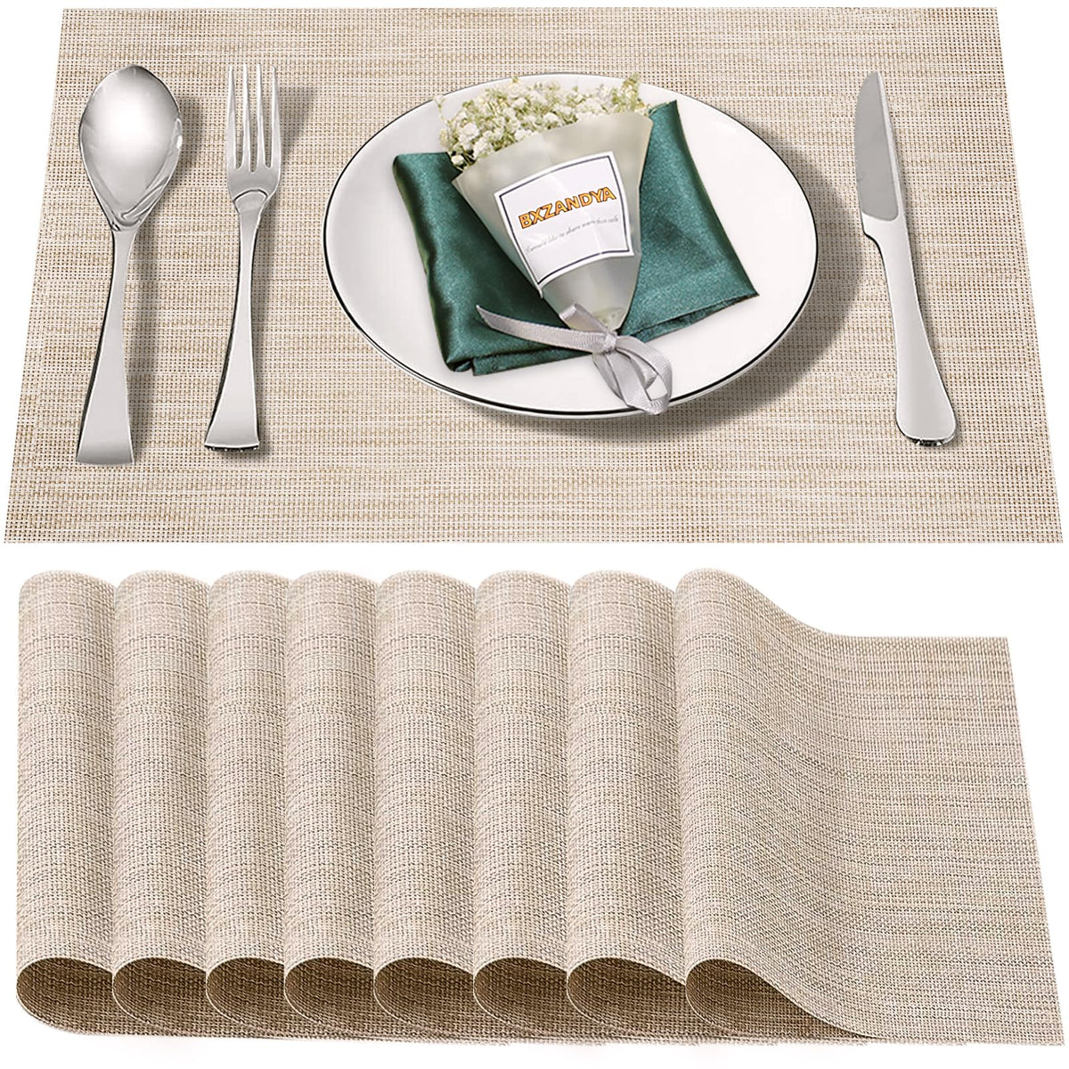 Beige Vinyl Placemats Set of 6,Washable Dining PVC Table Mats