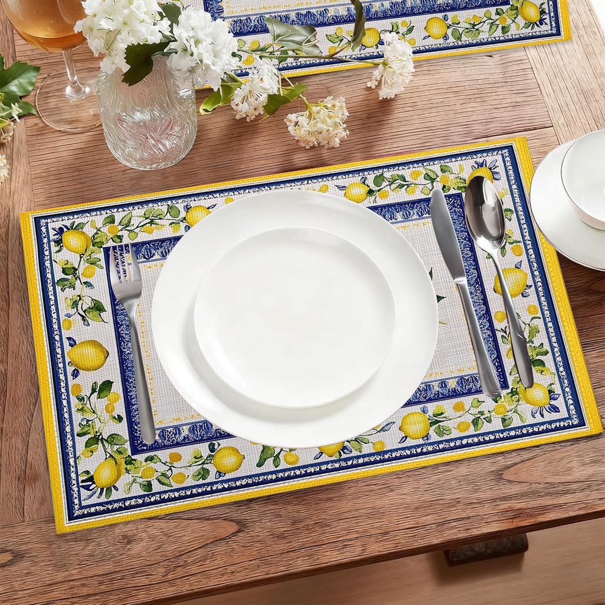 Lemon Branches Fabric Placemats,Vintage Rustic Country Table Placemats Set of 6 Cloth Place Mats, Washable Heat-Resistant Table Mats for Home Kitchen Dining Room Decoration 11.8x17.7 Inch