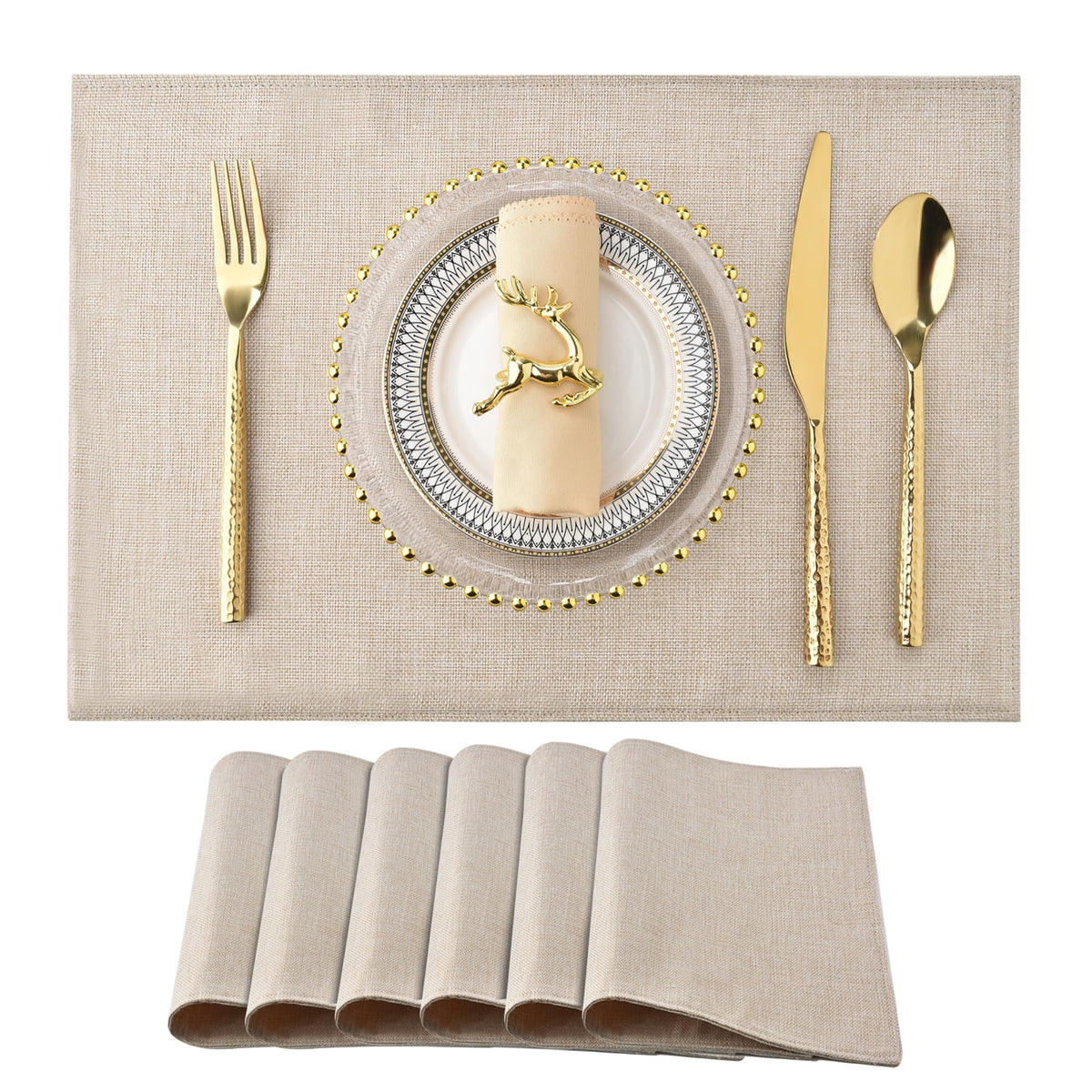 SLKQG Beige Faux Cotton Linen Placemats Set of 6, Heat Resistant Washable Double Layer Cloth Place Mats for Dining Table, Wrinkle Resistant Linen Textured Farmhouse Kitchen Decor（6，Beige）