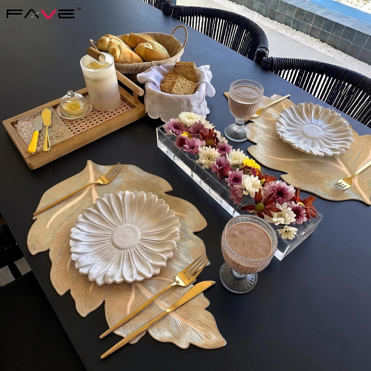 FAVE Gold Vinyl Placemats Set of 6, Washable Leaf Patterned Table Mats