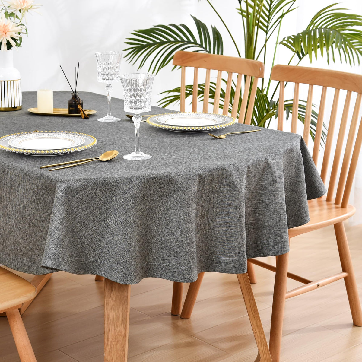 Wolkemer Faux Linen Oval Tablecloth Heavy Duty Wrinkle Resistant Fabric Table Cloths 60 x 84 Inch Flaxen Farmhouse Rustic Table Cover for Kitchen Dining Indoor Outdoor Tabletop Decoration