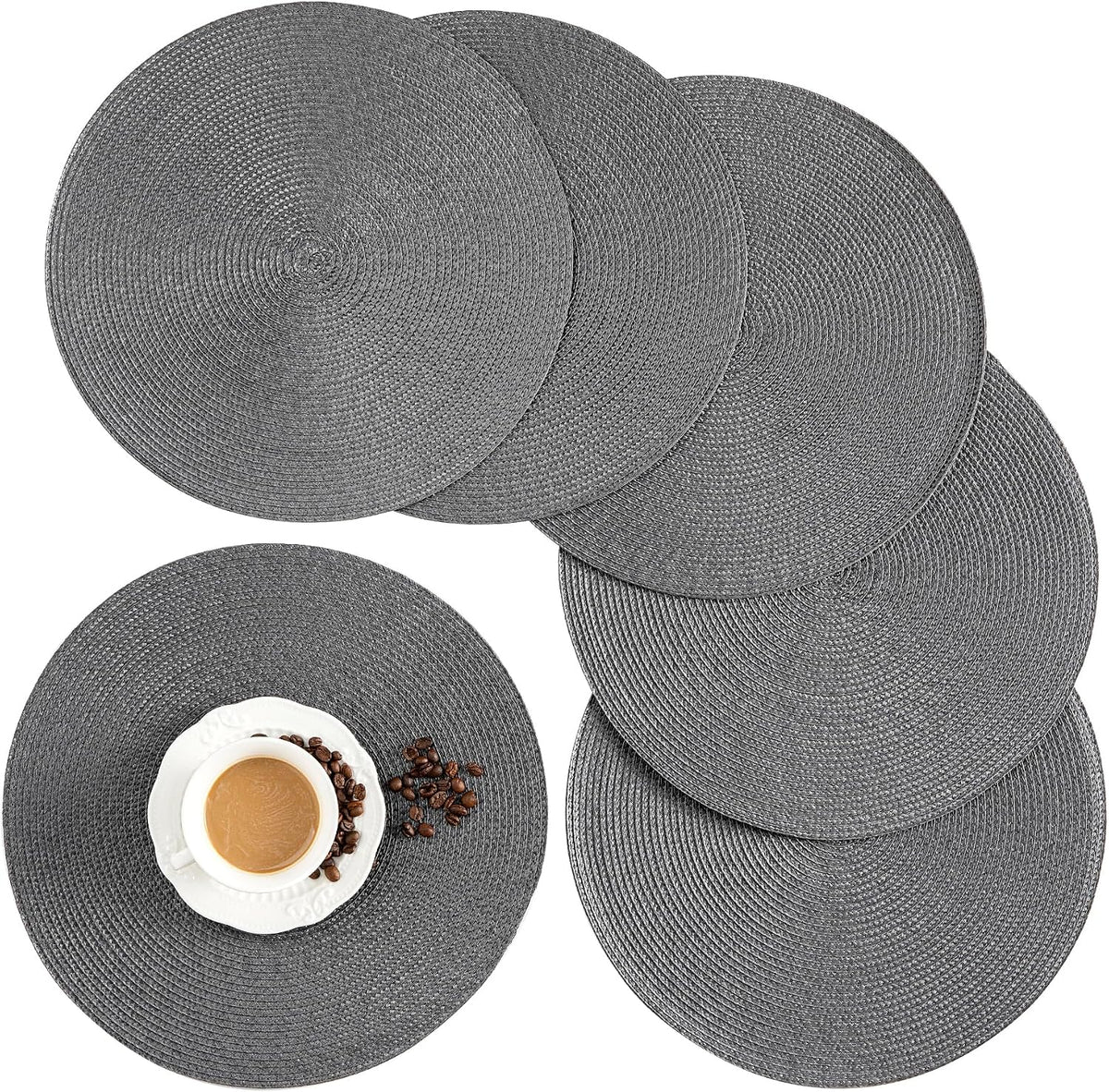 Round Placemats, Crossweave Heat Resistant Classic Woven Round Place Mats Diameter 13.5 inch for Kitchen Table Set of 6 (Dark Gray)