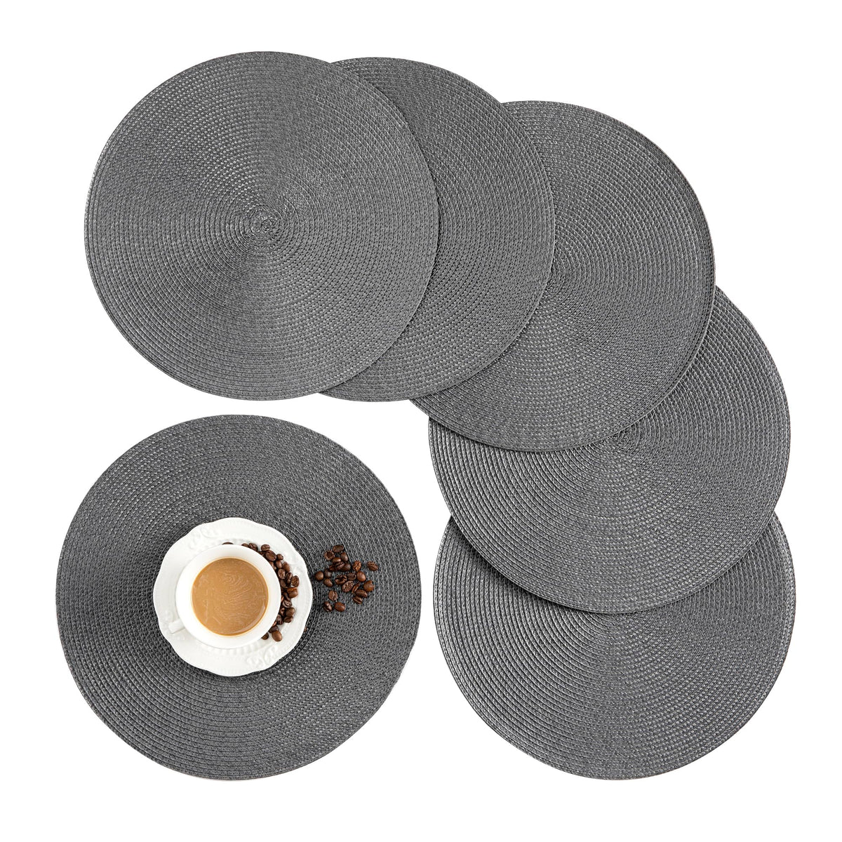 Round Placemats, Crossweave Heat Resistant Classic Woven Round Place Mats Diameter 13.5 inch for Kitchen Table Set of 6 (Dark Gray)