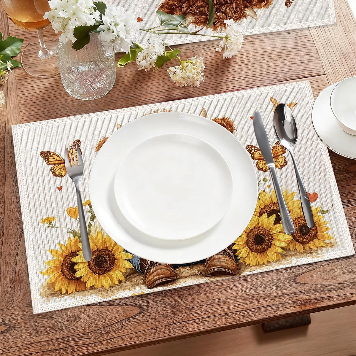 Cute Highland Cow Table Placemats Set of 6,Non-Slip Rustic Sunflower Butterfly Fabric Placemats for Dining Room Kitchen Party Holiday, Indoor Cloth Table Mats for Home Decor 11.8x17.7 Inch