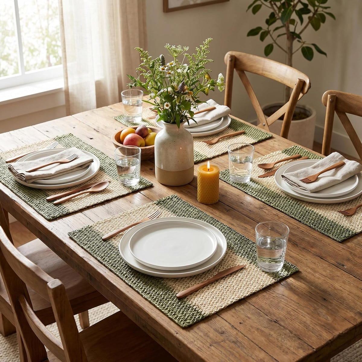 Artoid Mode Dark Green Paper Woven Stripe Placemats Set of 4-12x18 Inch