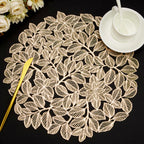 Gold Flower Placemats Set of 6, Metallic Pressed Vinyl Round Table Mats