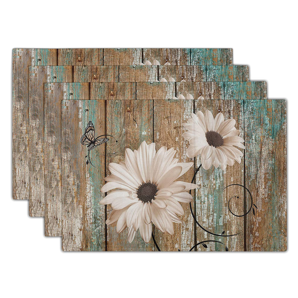 Giwawa Boho Ethnic Placemats Set of 4 Vintage Orange Brown Retro Flower Decorative Linen Table Place Mats 12"x18" Rustic Country Style Floral Place Mats Heat Resistance for Kitchen Dining Farmhouse