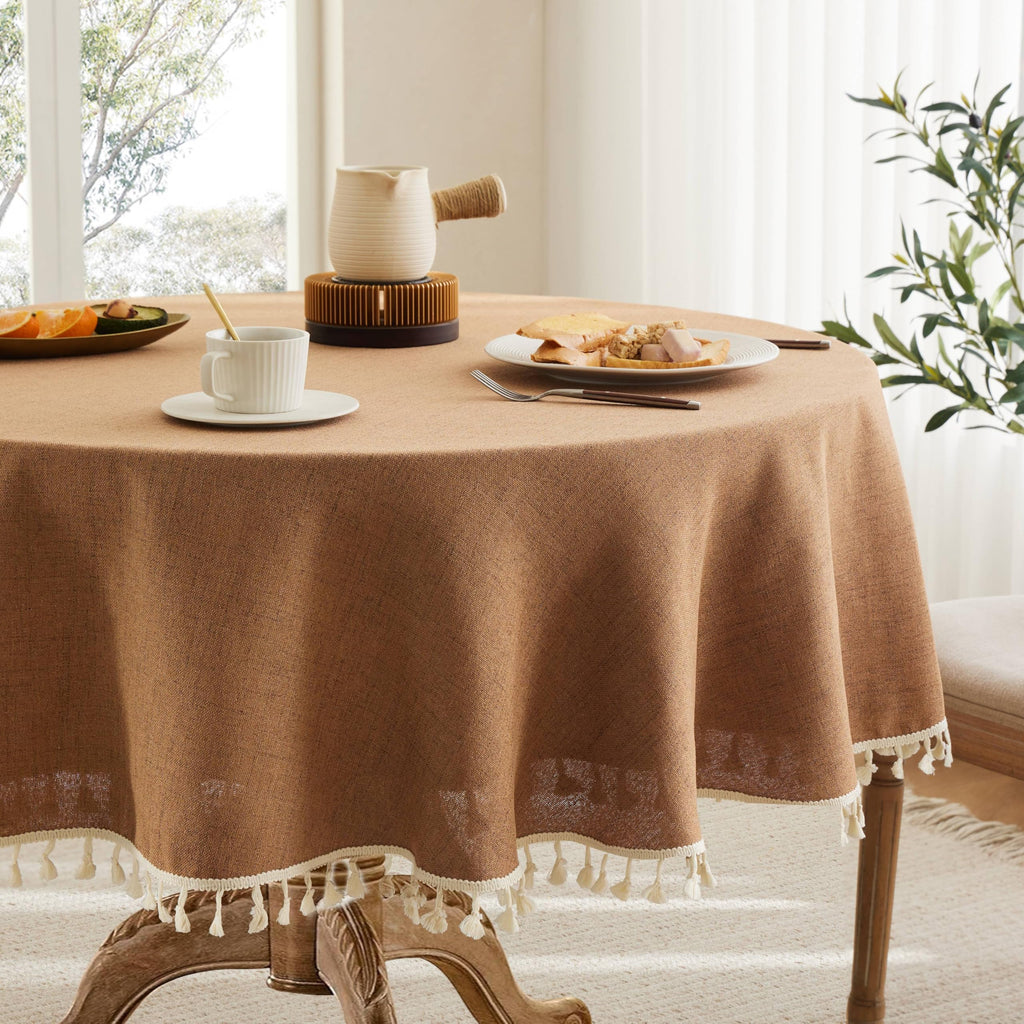 Tassel Linen Round Table Cloth, Olive 60 Inch