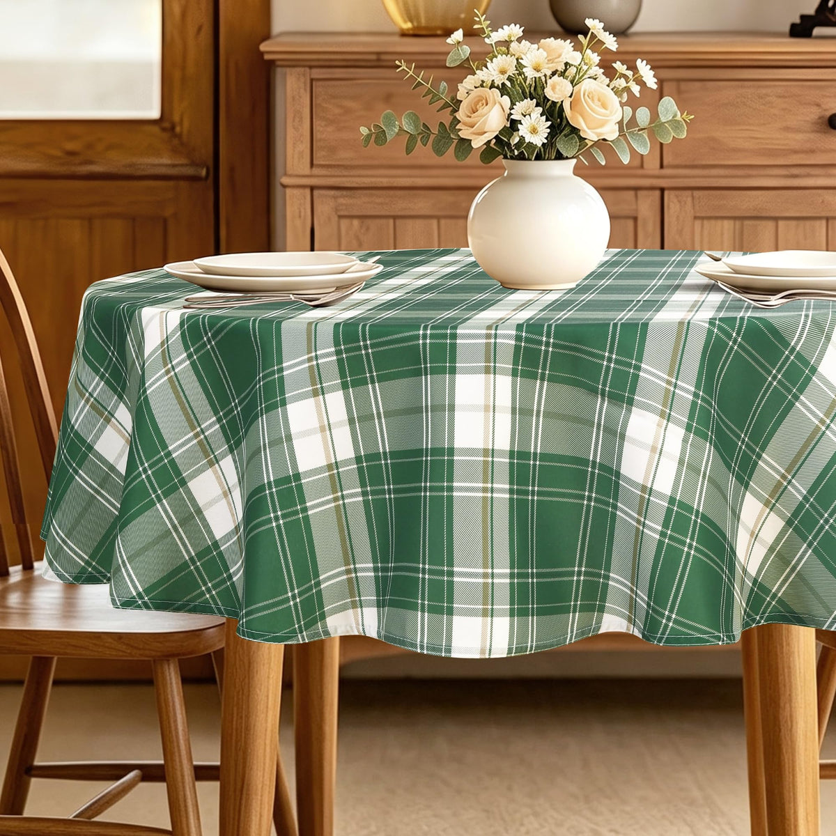 Hiasan Printed Gingham Tablecloth 90 Inch Round Waterproof, Khaki