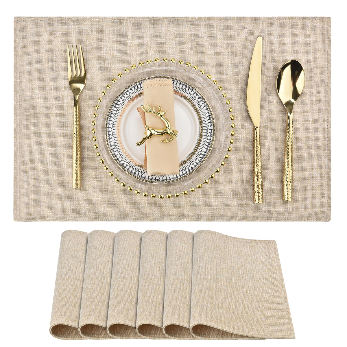 SLKQG Beige Faux Cotton Linen Placemats Set of 6, Heat Resistant Washable Double Layer Cloth Place Mats for Dining Table, Wrinkle Resistant Linen Textured Farmhouse Kitchen Decor（6，Beige）
