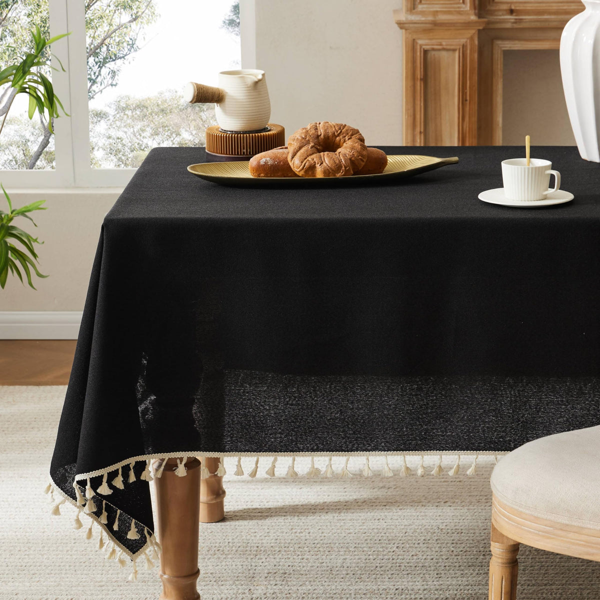 Tassel Linen Round Table Cloth, Olive 60 Inch