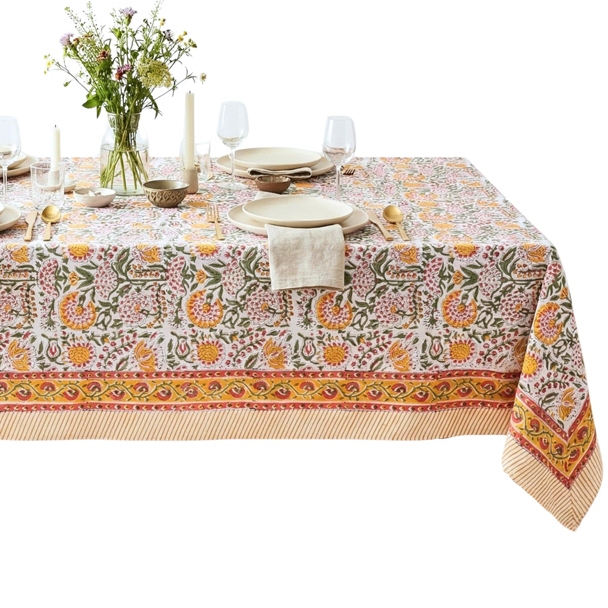 ATOSII Cotton Blockprint Rectangle Table Cloth, Clover Blue, 108" X 60"