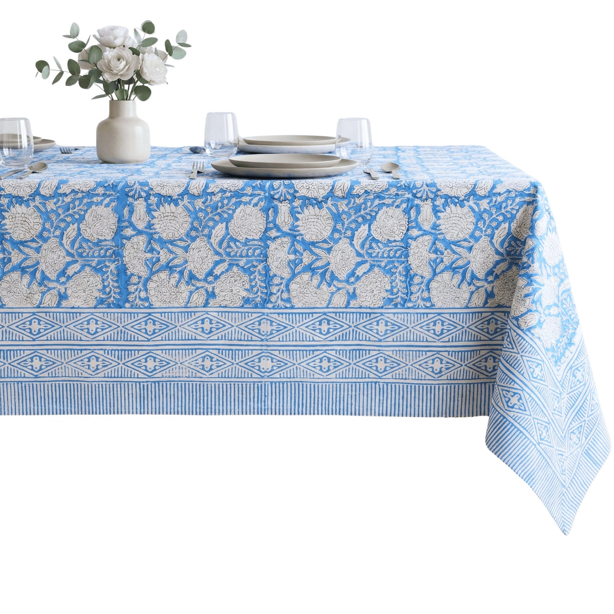 ATOSII Cotton Blockprint Rectangle Table Cloth, Clover Blue, 108" X 60"