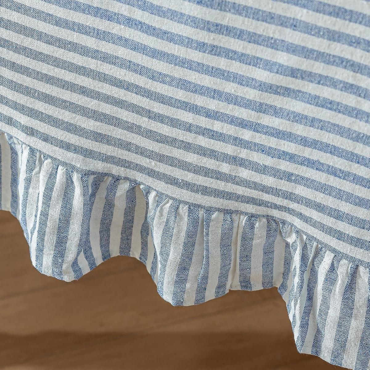 Striped Cotton Blend Tablecloth Ruffled Table Cloth Blue, 60"×120"