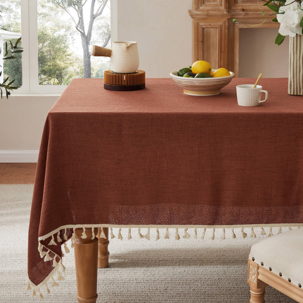 Tassel Linen Round Table Cloth, Olive 60 Inch