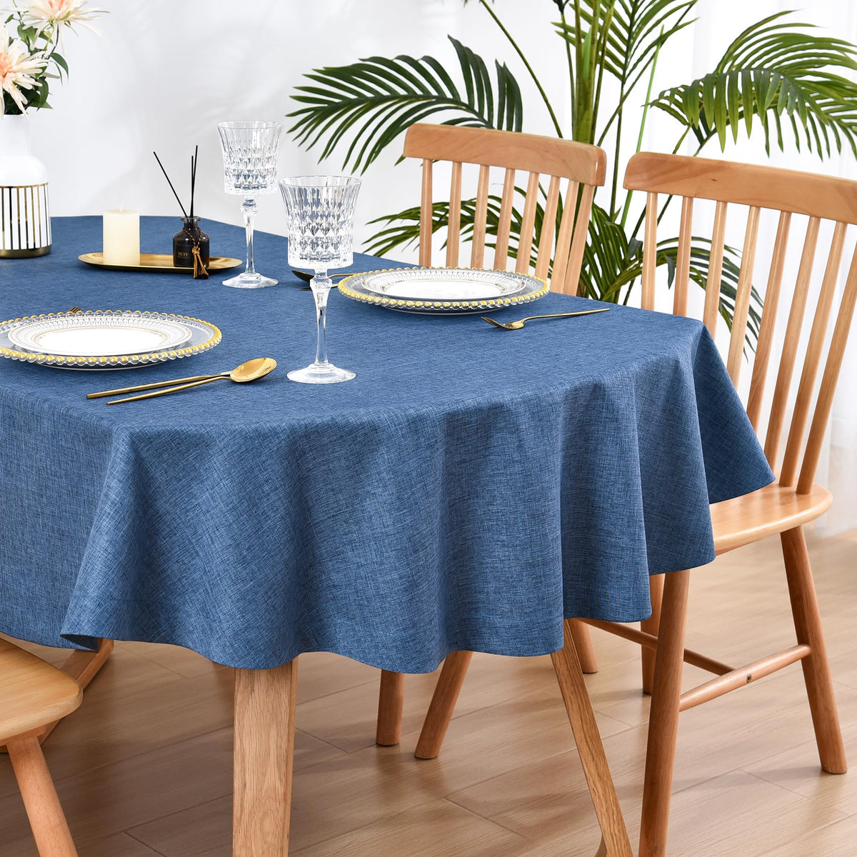 Wolkemer Faux Linen Oval Tablecloth Heavy Duty Wrinkle Resistant Fabric Table Cloths 60 x 84 Inch Flaxen Farmhouse Rustic Table Cover for Kitchen Dining Indoor Outdoor Tabletop Decoration