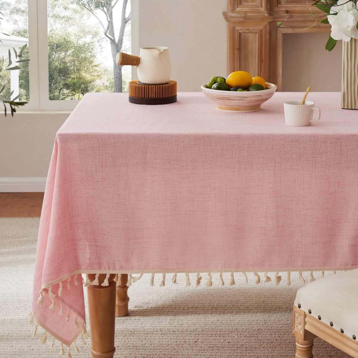 Tassel Linen Round Table Cloth, Olive 60 Inch