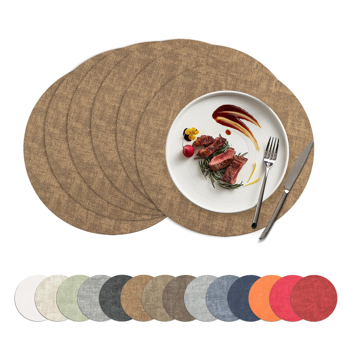 Placemats Set of 4, 15 Inch Round Faux Leather Place Mats