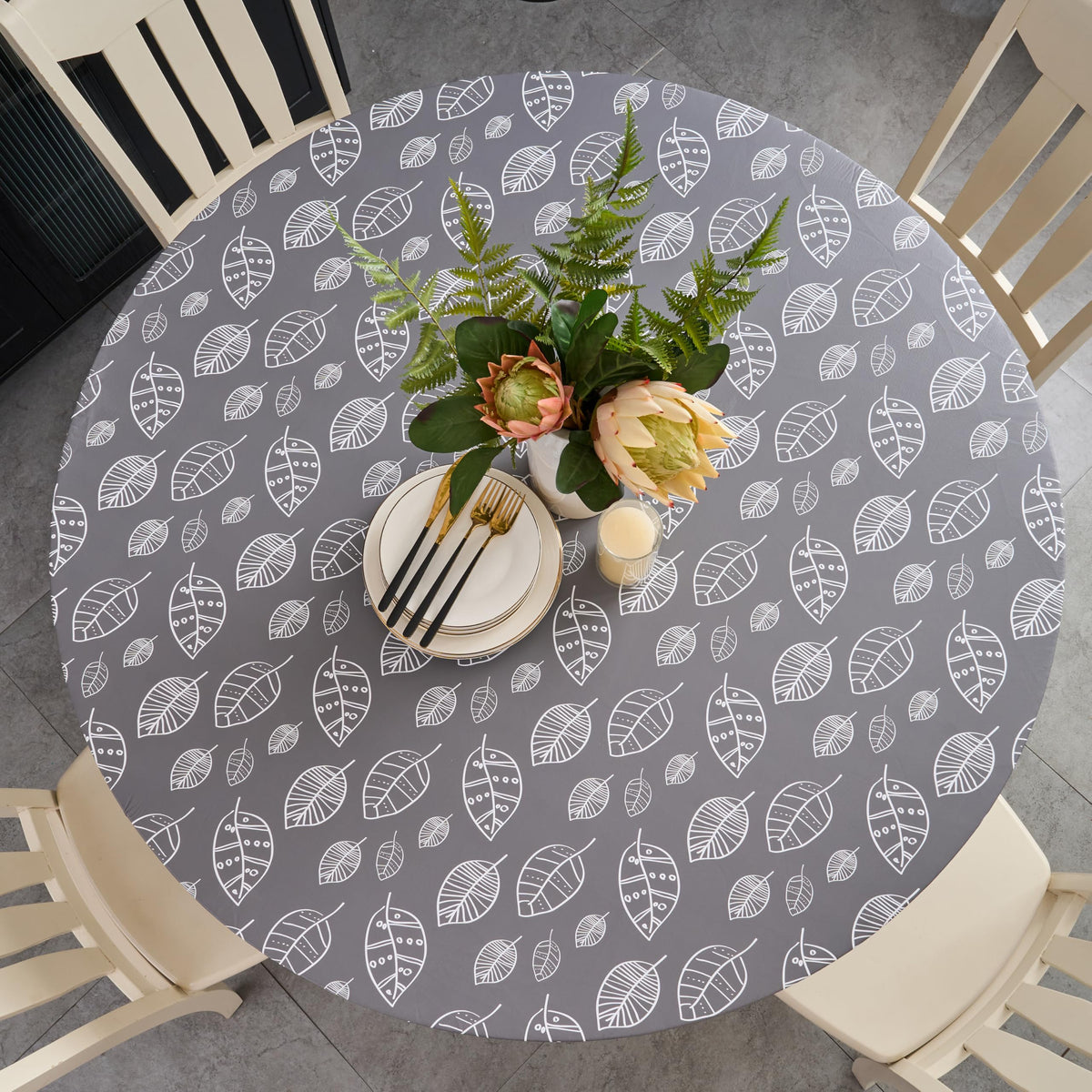 Pioggia Round Vinyl Fitted Tablecloth with Flannel Backing Elastic Table Cloth Waterproof Oil-Proof Plastic Table Cover Best for 37"-44" Round