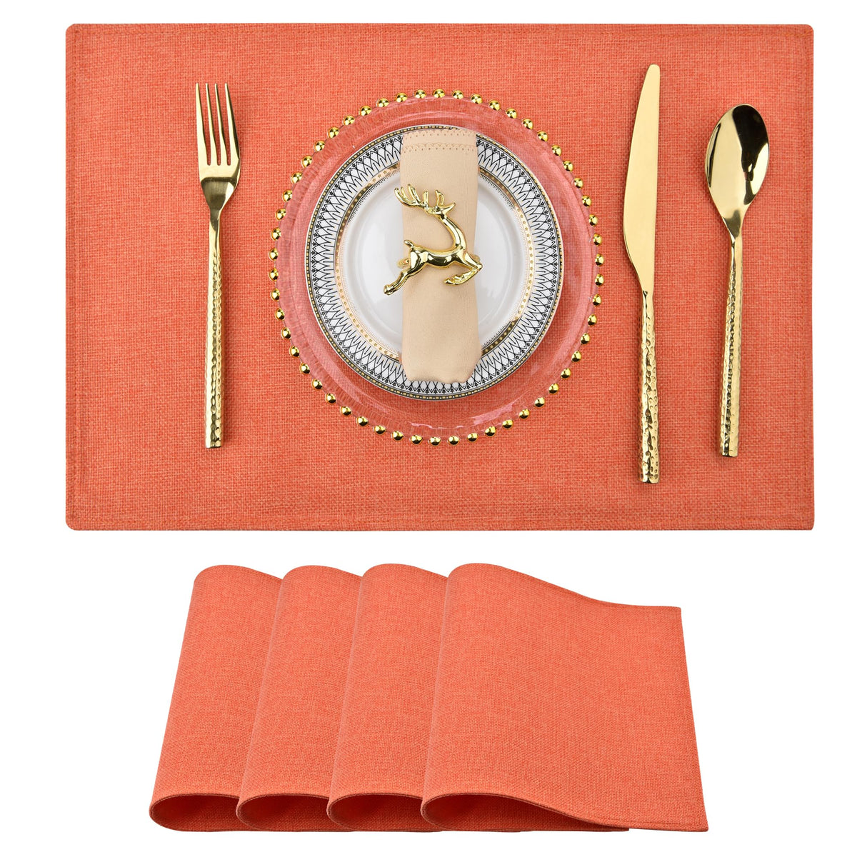 SLKQG Beige Faux Cotton Linen Placemats Set of 6, Heat Resistant Washable Double Layer Cloth Place Mats for Dining Table, Wrinkle Resistant Linen Textured Farmhouse Kitchen Decor（6，Beige）