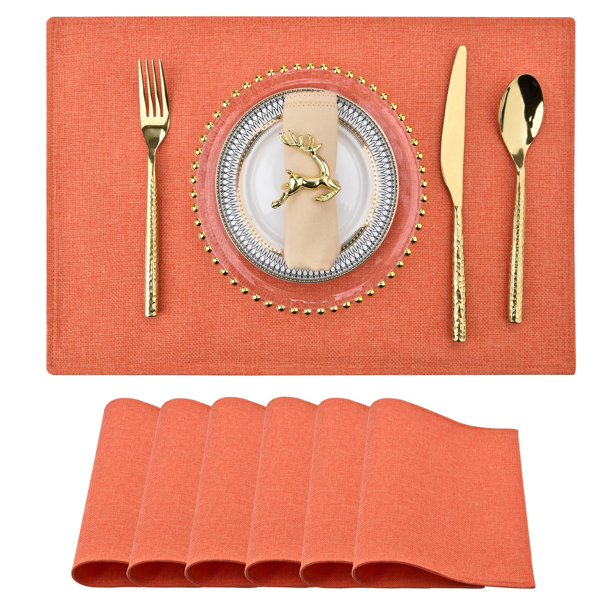 SLKQG Beige Faux Cotton Linen Placemats Set of 6, Heat Resistant Washable Double Layer Cloth Place Mats for Dining Table, Wrinkle Resistant Linen Textured Farmhouse Kitchen Decor（6，Beige）
